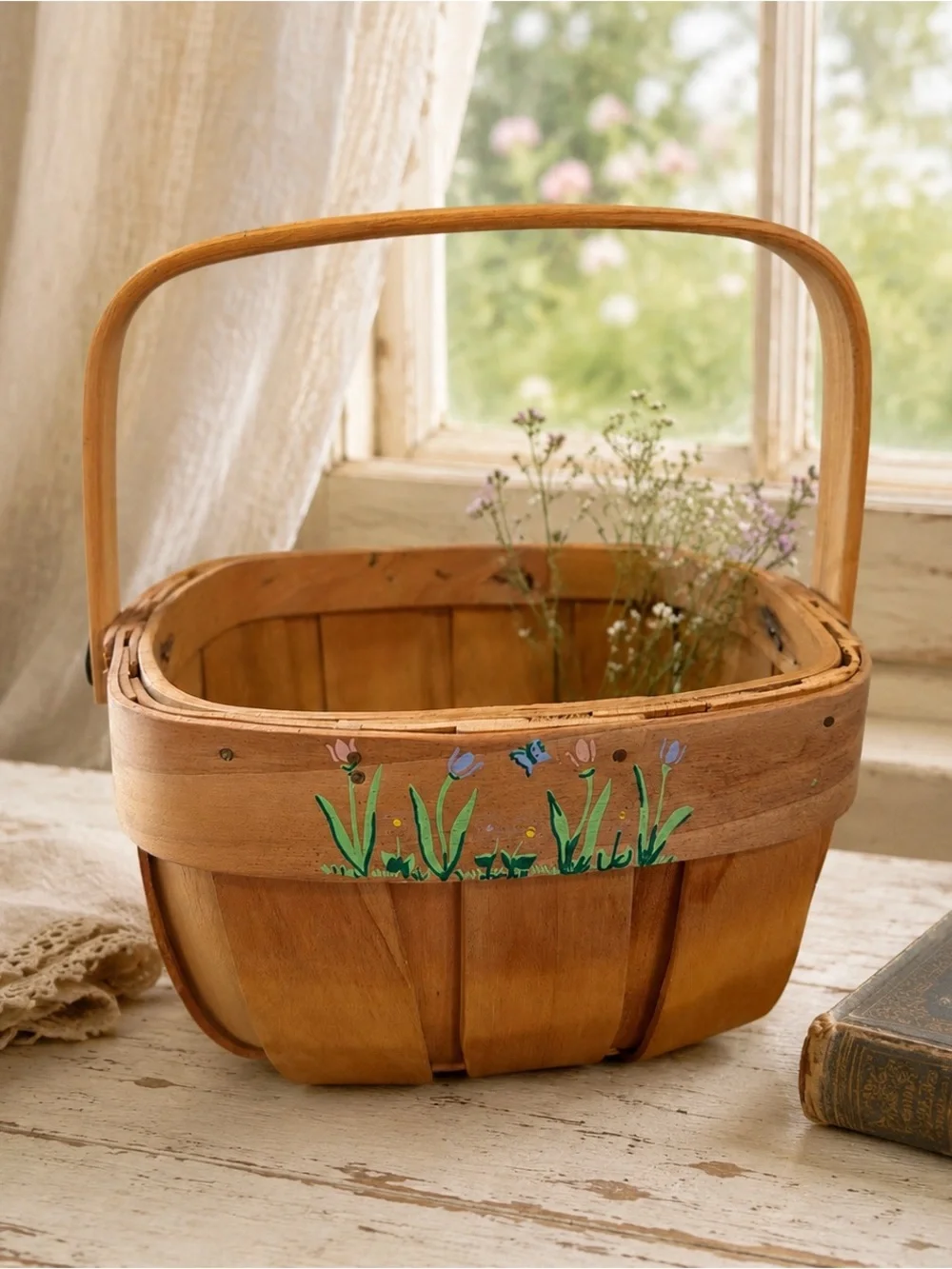 Vintage Hand Painted Wooden Splint Basket Floral Garden Cottagecore Farmhouse